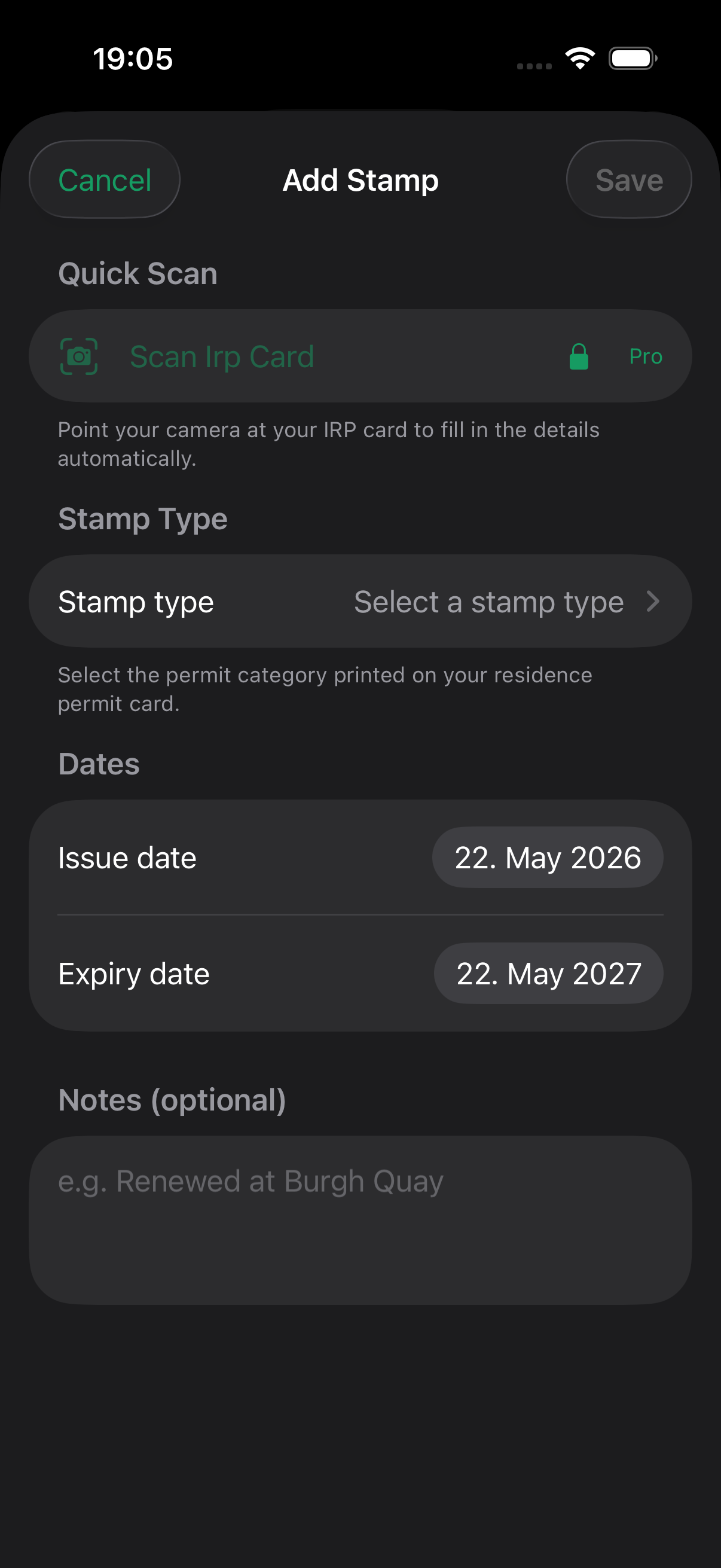 Add Stamp form with IRP card scanning Pro feature