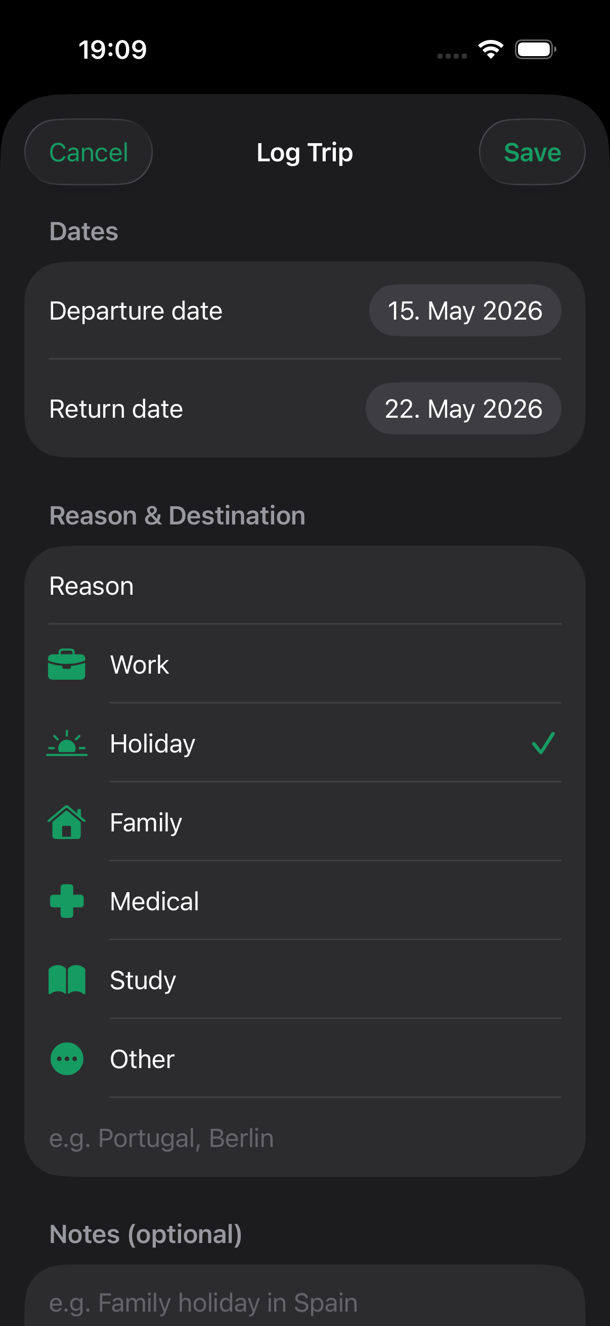 Log Trip form for tracking travel outside Ireland