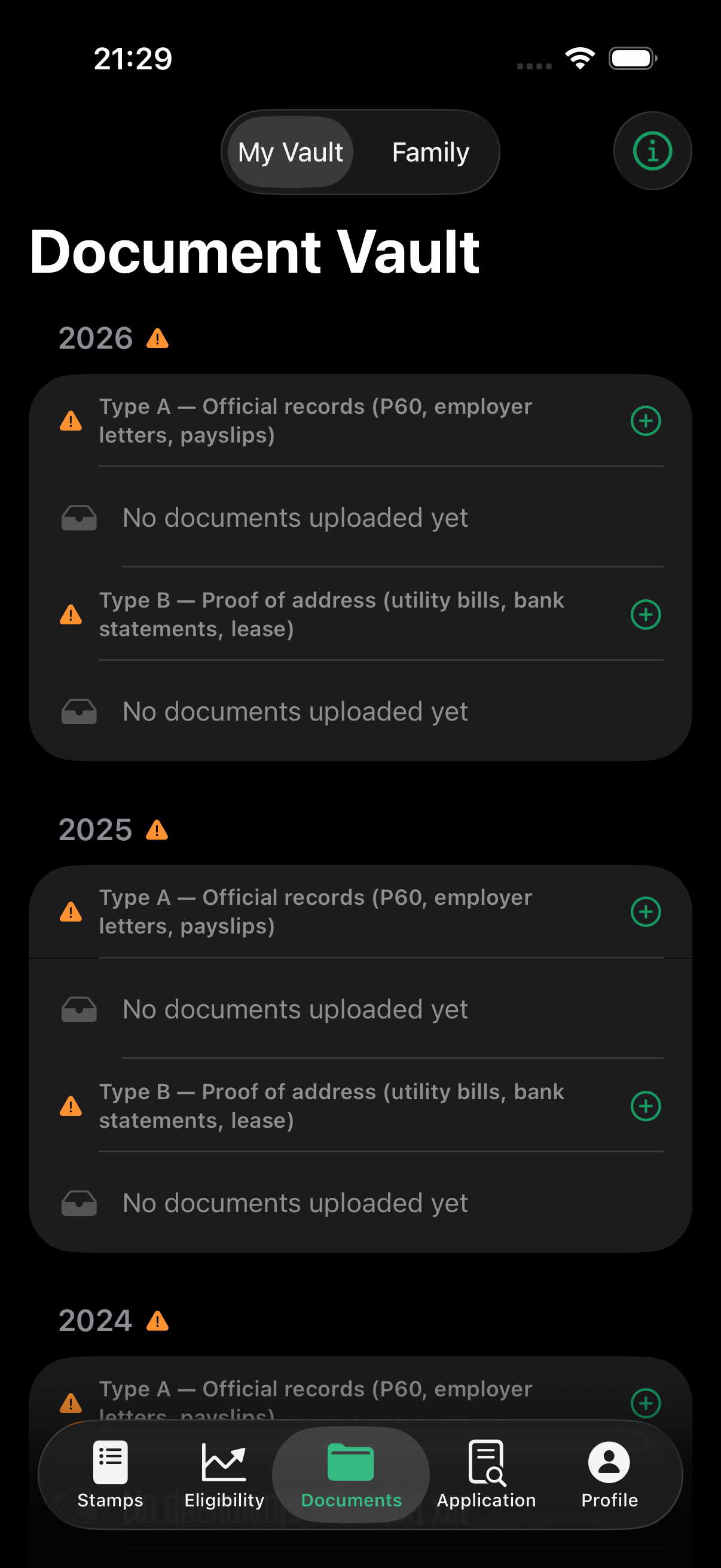 Document Vault organised by year for citizenship documents